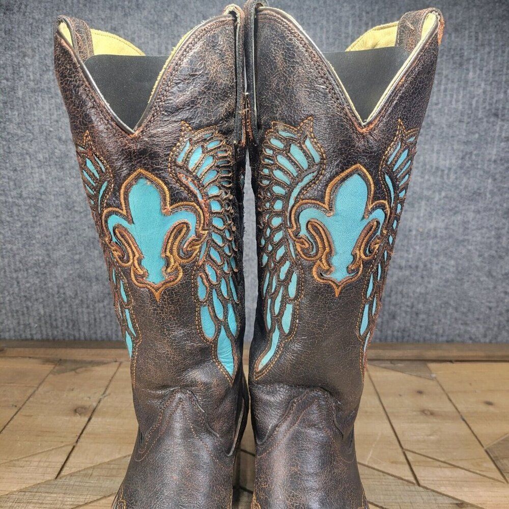 Corral Boots Womens 6.5M Turquoise Inlay Fleur De Lis Wings Cowboy Brown R2458 - Picture 5 of 13